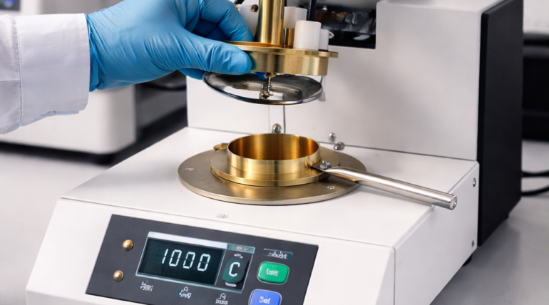 ASTM D93 Pensky-Martens closed cup flash point testing performed using laboratory instrumentation