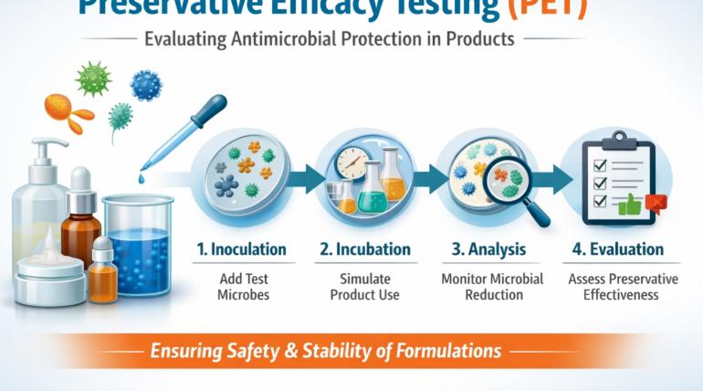 Preservative efficacy testing (PET) overview infographic”Preservative efficacy testing (PET) overview infographic