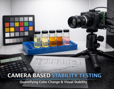 camera based stability testing setup with glass vials and color reference chart under controlled lighting