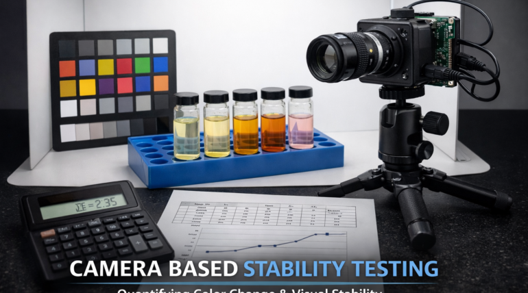 camera based stability testing setup with glass vials and color reference chart under controlled lighting