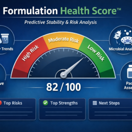 Formulation Health Score predictive stability analysis showing risk score gauge and trend-based formulation assessment
