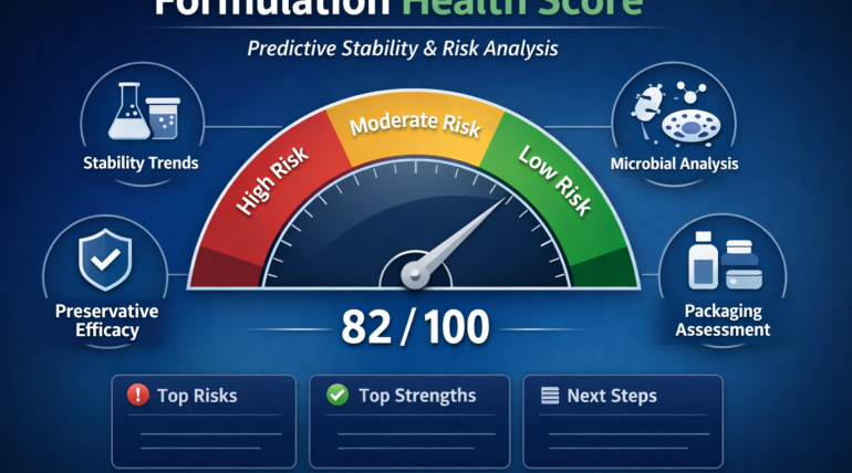 Formulation Health Score predictive stability analysis showing risk score gauge and trend-based formulation assessment