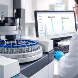 Alcohol content testing using GC-FID instrument with autosampler vials and chromatogram showing alcohol analysis