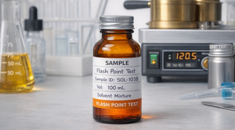 Liquid sample bottle prepared for flash point testing showing labeled solvent sample used for ASTM D93 laboratory analysis.