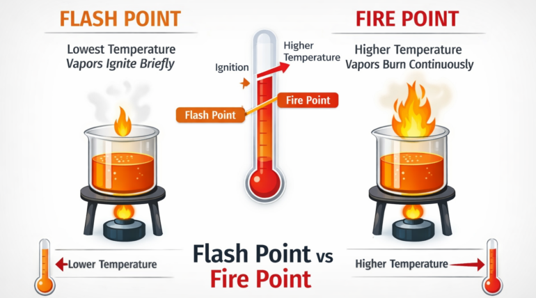 Diagram showing the difference between flash point and fire point where flash point is brief ignition at a lower temperature and fire point is sustained combustion at a higher temperature.
