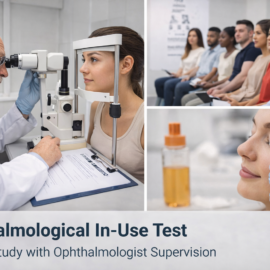 ophthalmological in-use test with wipe applied to face and clinical evaluation under ophthalmologist supervision