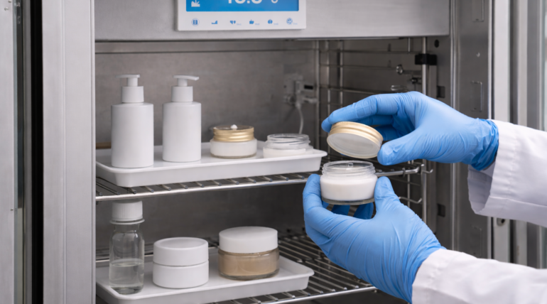 Skincare products undergoing accelerated stability testing in a laboratory environmental chamber at 40°C and controlled humidity.