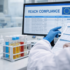 Laboratory technician reviewing SVHC compliance data under EU REACH regulation with chemical samples and test tubes in a modern lab setting.