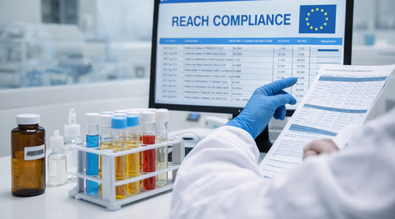 Laboratory technician reviewing SVHC compliance data under EU REACH regulation with chemical samples and test tubes in a modern lab setting.