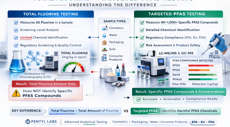 comparison of total fluorine testing and targeted PFAS testing methods used for cosmetics and consumer products