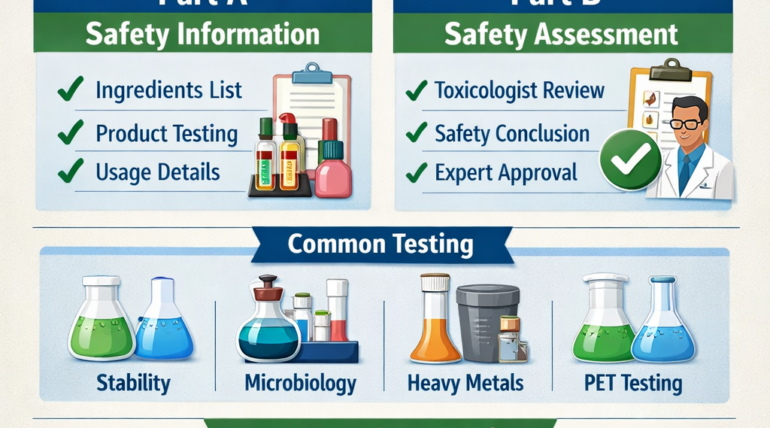 What is a CPSR infographic showing cosmetic product safety report components including Part A safety information and Part B safety assessment
