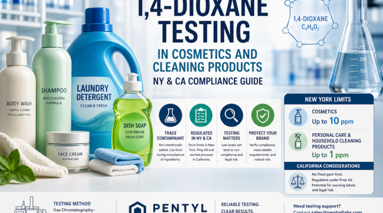 1,4-dioxane testing cosmetics and cleaning products compliance infographic