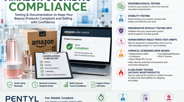 Amazon cosmetic compliance testing checklist including microbiology, stability, HRIPT, chemical screening, and flash point testing