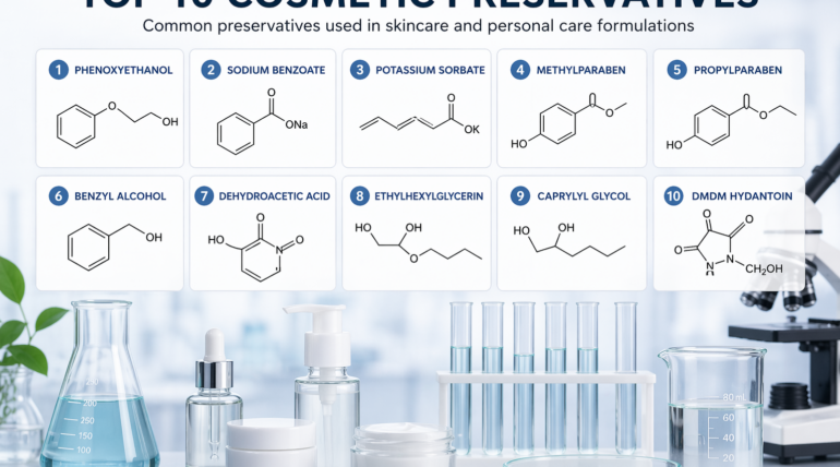 Top 10 cosmetic preservatives used in skincare including phenoxyethanol sodium benzoate potassium sorbate parabens and glycols