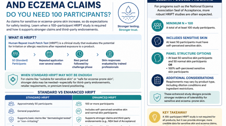 HRIPT testing for sensitive skin and eczema claims showing 100 participant study requirements