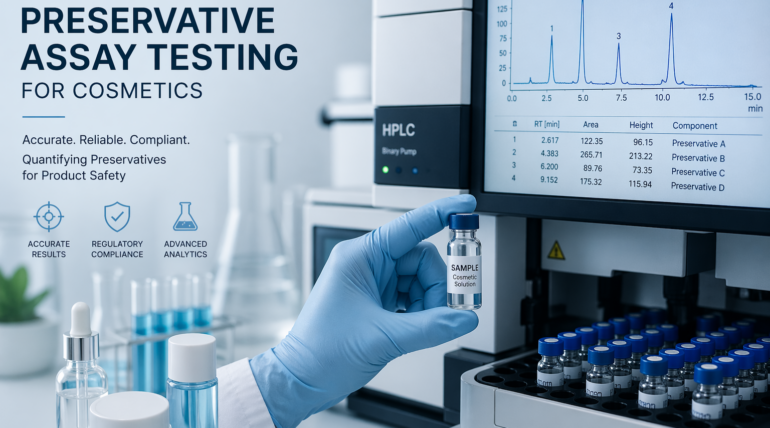 Preservative assay testing in cosmetics using HPLC to quantify preservative concentrations for safety and compliance