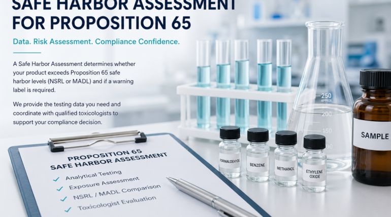 Safe Harbor Assessment for Proposition 65 showing cosmetic sample testing and laboratory analysis