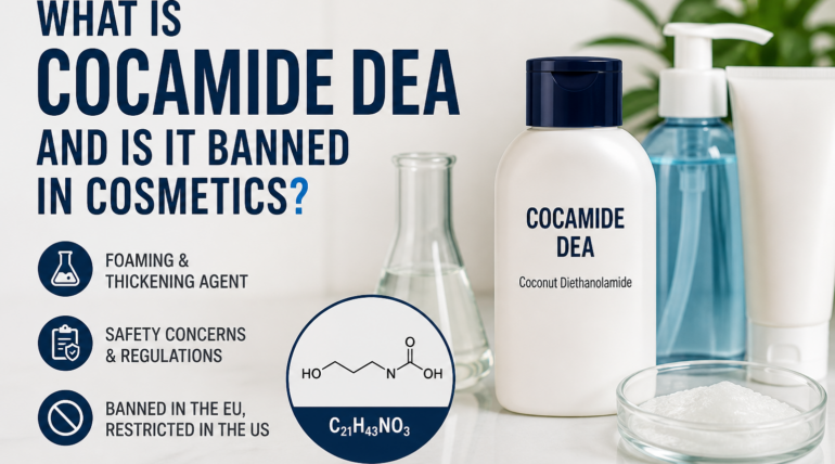 Cocamide DEA in cosmetics infographic showing its use as a foaming agent, safety concerns, and regulatory status in the US and EU