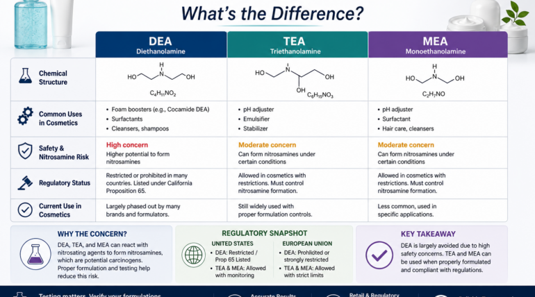 DEA vs TEA vs MEA comparison chart in cosmetics showing differences in safety, uses, and regulatory status