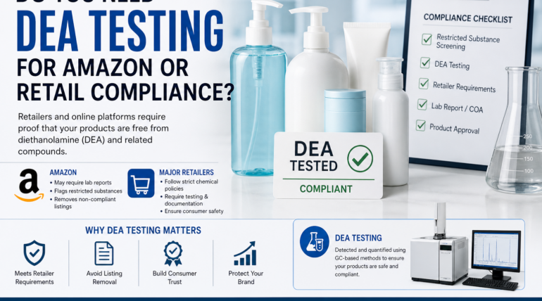 DEA testing for Amazon and retail compliance infographic showing cosmetic products, lab analysis, and compliance checklist