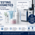 DEA testing for cosmetics infographic showing GC-FID analysis, compliance requirements, and turnaround time