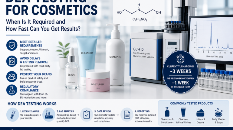 DEA testing for cosmetics infographic showing GC-FID analysis, compliance requirements, and turnaround time