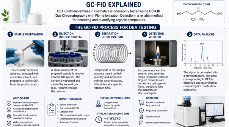 DEA testing in cosmetics using GC-FID showing sample preparation, separation, and detection process