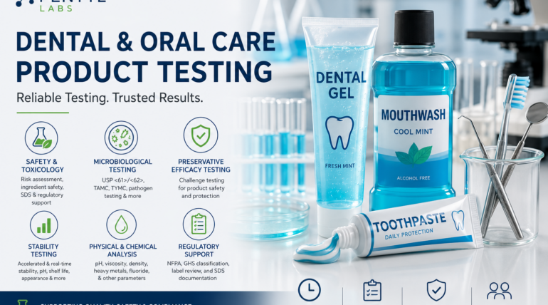 Dental and oral care product testing laboratory services including microbiological testing, stability studies, safety evaluations, and regulatory support.