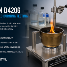 ASTM D4206 sustained burning testing of a liquid sample using a small-scale open-cup apparatus.